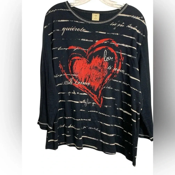 Jess & Jane 100% cotton, black w red & taupe 3/4 sleeve T-shirt w Love vibe - Picture 1 of 7